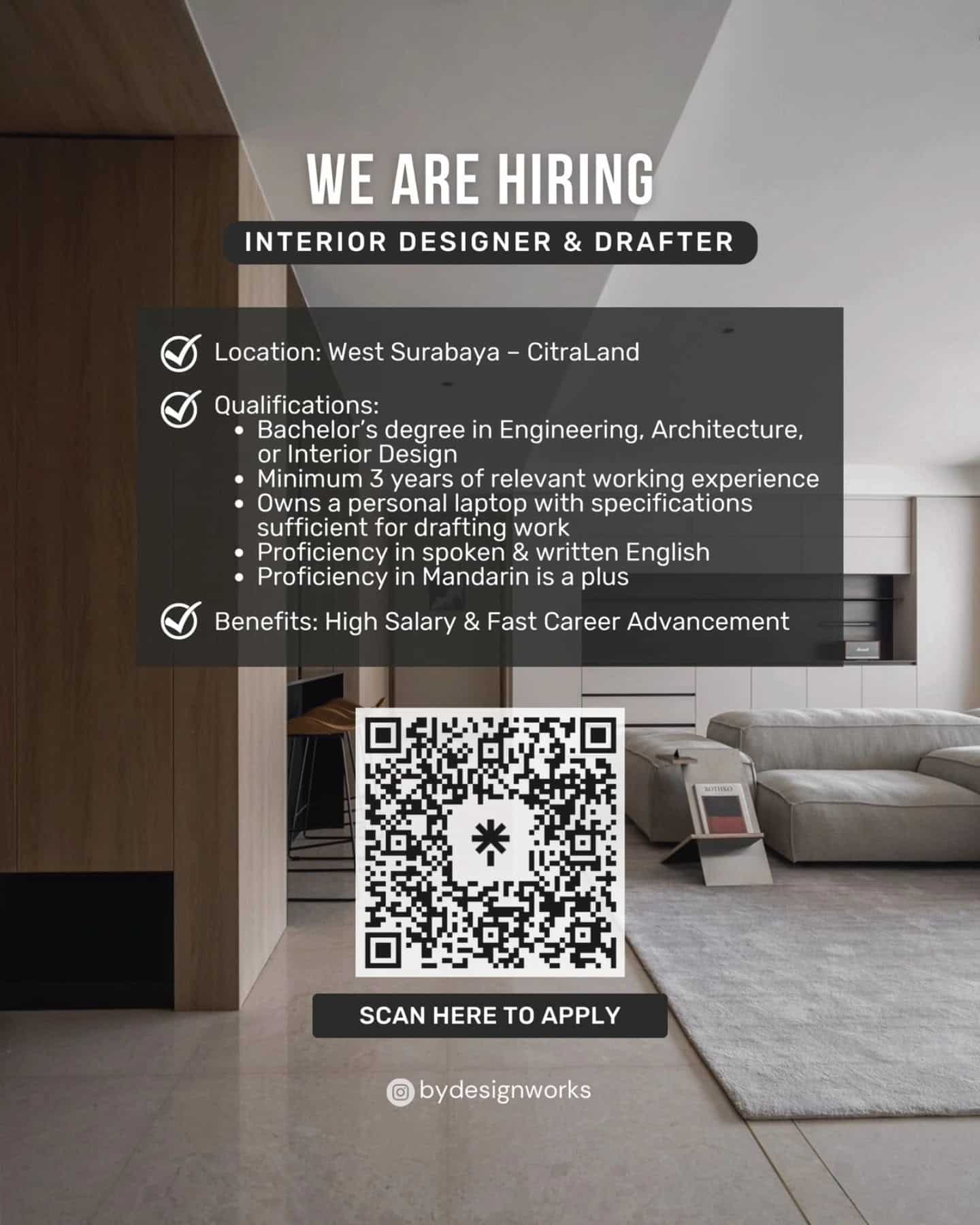 Poster Lowongan Kerja Interior Designer & Drafter di By Design Works - Surabaya Barat
